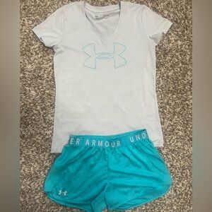 Under Armour outfit. Top-light gray size SMALL. Shorts blue/aqua size Small